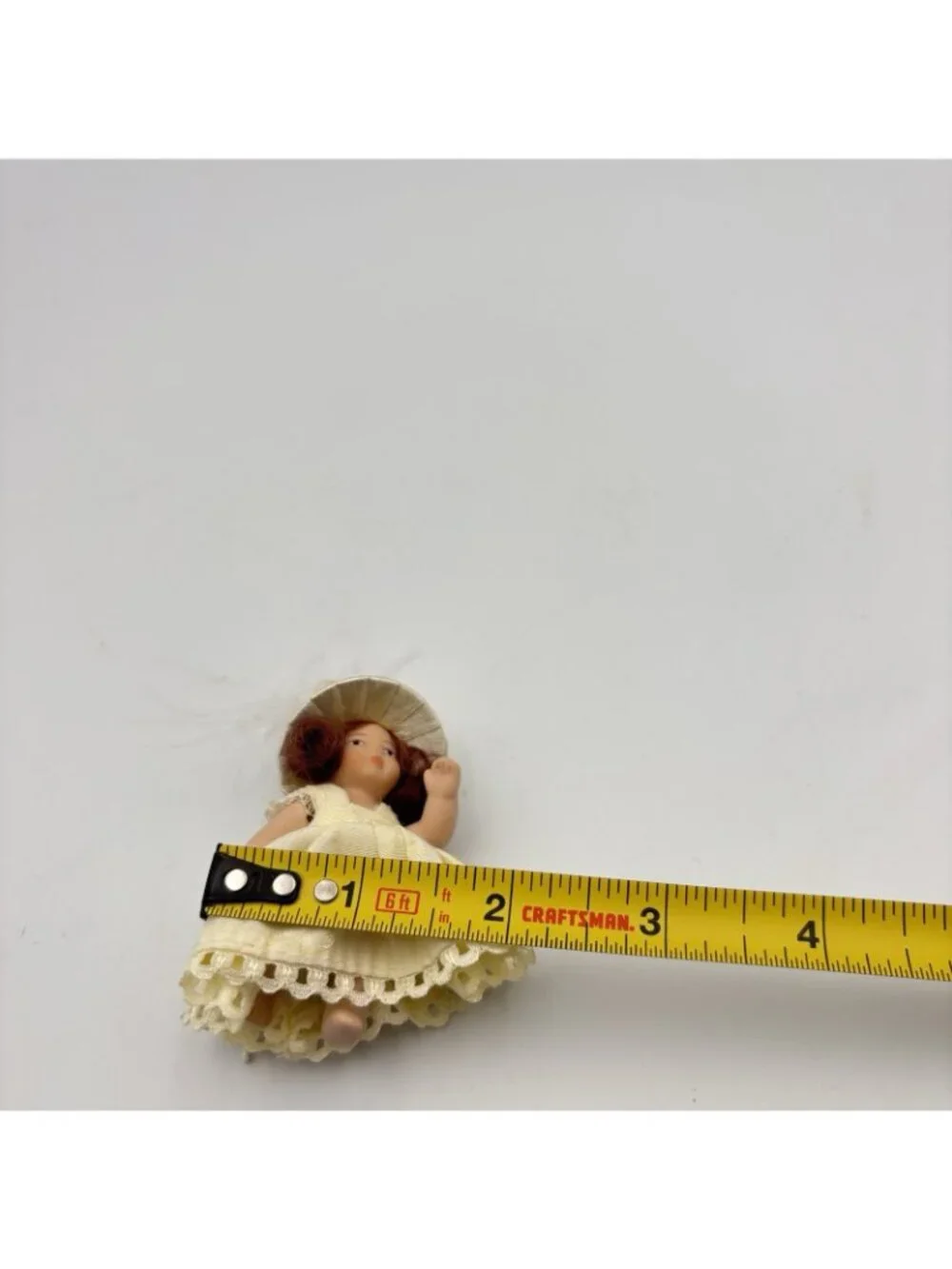 Miniature Porcelain Victorian Doll Christmas Ornament Cream Dress Beaded Hat 2”
